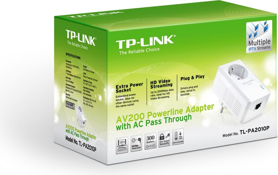Adapter powerline TP-Link Power Line 200Mbps 1x10/100 z gniazdkiem elektr. (TL-PA2010P) 1