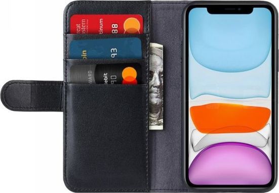 Crong Crong Premium Booklet Wallet Skórzane etui do iPhone 11 z kieszeniami + funkcja podstawki (czarny) 1