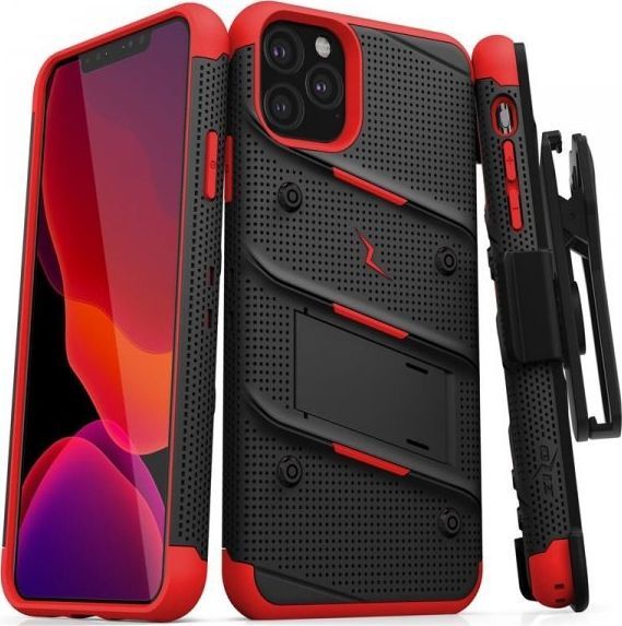 Zizo Zizo Bolt Cover - Pancerne etui iPhone 11 Pro ze szkłem 9H na ekran + podstawka uchwyt do paska (Black/Red) 1