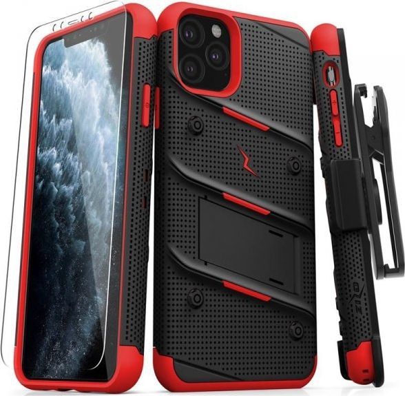 Zizo Zizo Bolt Cover - Pancerne etui iPhone 11 Pro Max ze szkłem 9H na ekran + podstawka uchwyt do paska (Black/Red) 1