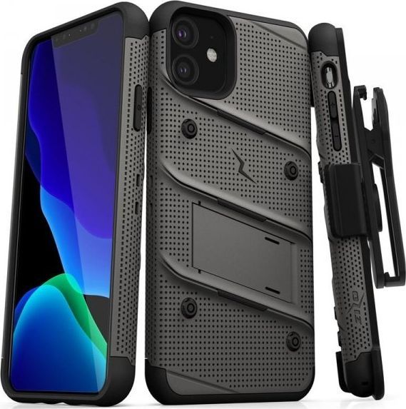 Zizo Zizo Bolt Cover - Pancerne etui iPhone 11 ze szkłem 9H na ekran + podstawka uchwyt do paska (Metal Gray/Black) 1