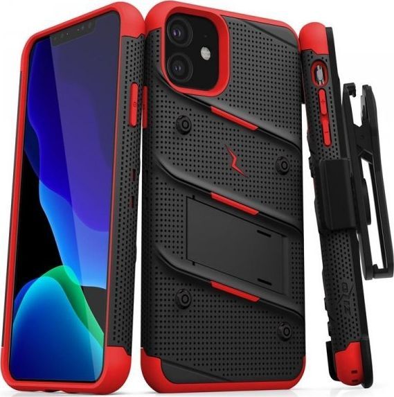 Zizo Zizo Bolt Cover - Pancerne etui iPhone 11 ze szkłem 9H na ekran + podstawka uchwyt do paska (Black/Red) 1