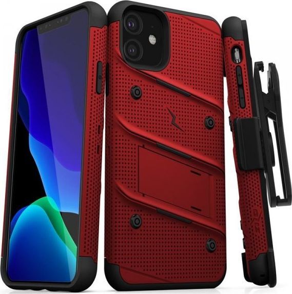 Zizo Zizo Bolt Cover - Pancerne etui iPhone 11 ze szkłem 9H na ekran + podstawka uchwyt do paska (Red/Black) 1