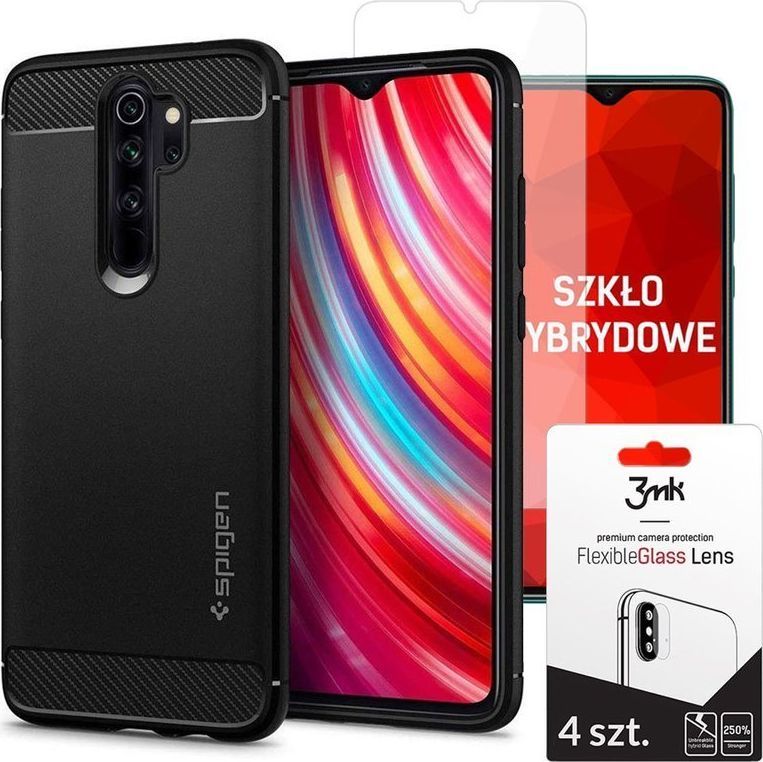 Spigen Etui Spigen Rugged Armor do Redmi Note 8 Pro Matte Black + Szkło 3mk ekran + 3mk obiektyw uniwersalny 1