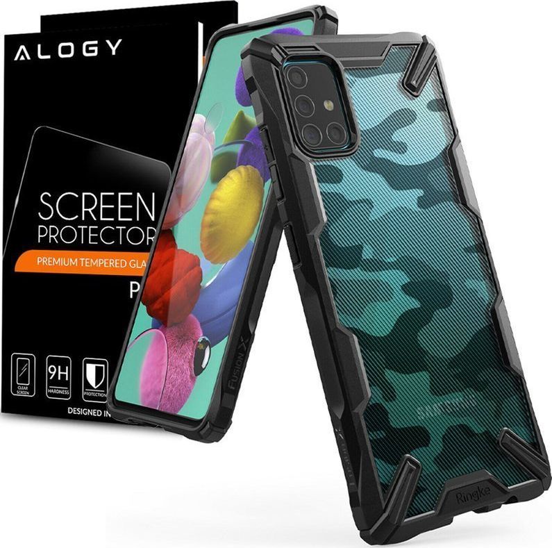 Ringke Etui Ringke Fusion X do Samsung Galaxy A51 Camo Black + Szkło Alogy uniwersalny 1