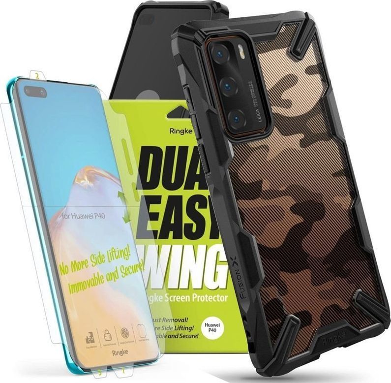 Ringke Etui Ringke Fusion X do Huawei P40 Camo Black + 2x Folia Ringke uniwersalny 1