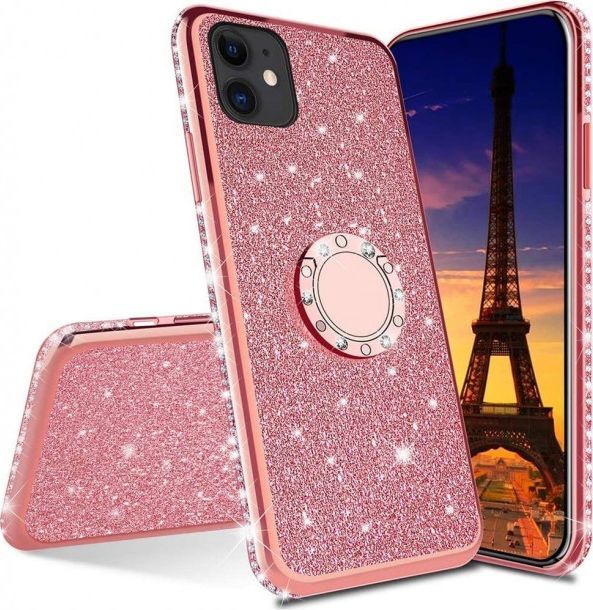 Etui IPHONE 12 Diamond Ring Brokat różowy 1