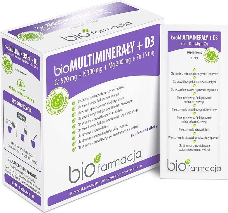 Biofarmacja Bio Multiminerały + D3 28 Saszetek Biofarmacja Wapń Potas Magnez Cynk Witamina D3 1