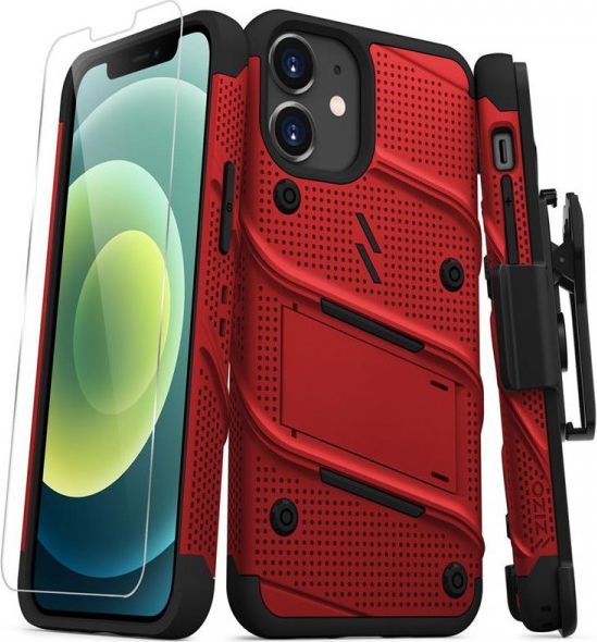 Zizo Bolt Cover - Pancerne etui iPhone 12 Mini ze szkłem 9H na ekran + podstawka uchwyt do paska (czerwony/czarny) 1