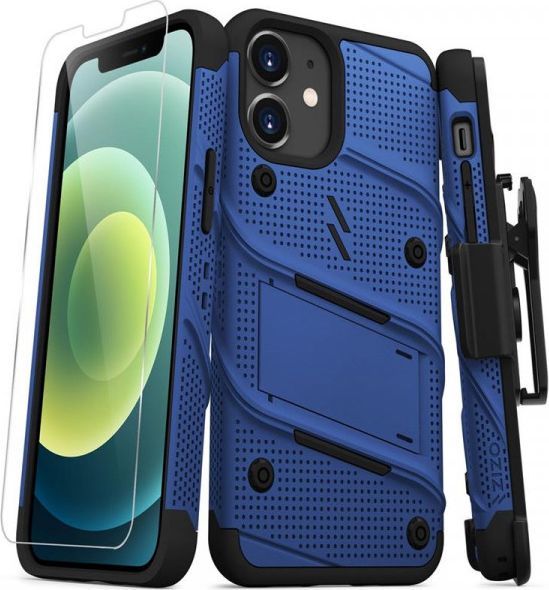 Zizo Bolt Cover - Pancerne etui iPhone 12 Mini ze szkłem 9H na ekran + podstawka uchwyt do paska (niebieski/czarny) 1