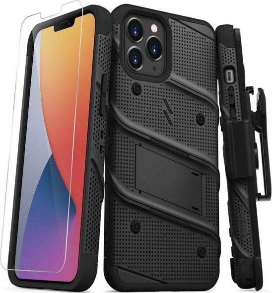 Zizo Bolt Cover - Pancerne etui iPhone 12 Pro Max ze szkłem 9H na ekran + podstawka uchwyt do paska (czarny) 1