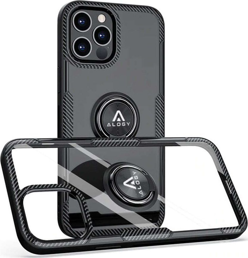 Alogy Etui Alogy Ring Holder Armor do Apple iPhone 12/ 12 Pro czarne + Szkło Alogy uniwersalny 1