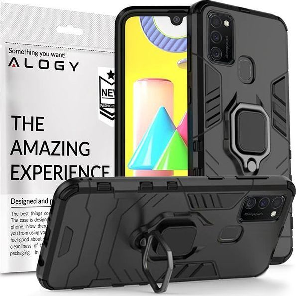 Alogy Etui Alogy Stand Ring Armor do Samsung Galaxy M21 czarne + Szkło 3mk uniwersalny 1