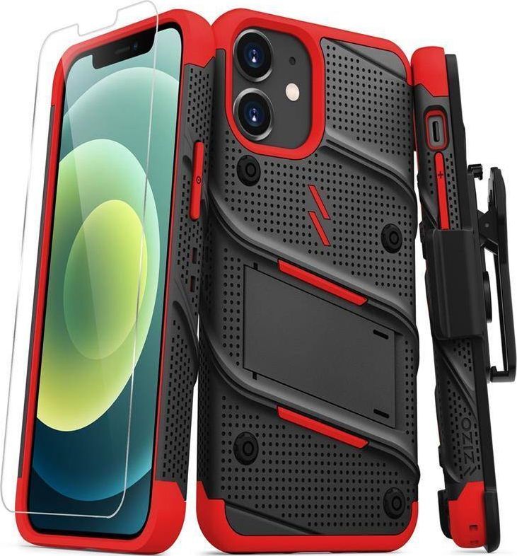 Zizo Zizo Bolt Cover - Pancerne etui na iPhone 12 MINI ze szkłem na ekran + podstawka + uchwyt do paska (czarny/czerwony) 1