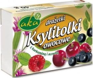 AKA Drażetki pudrowe KSYLITOLKI 0% cukru owocowe z kurkumą i acerolą 40g AKA 1