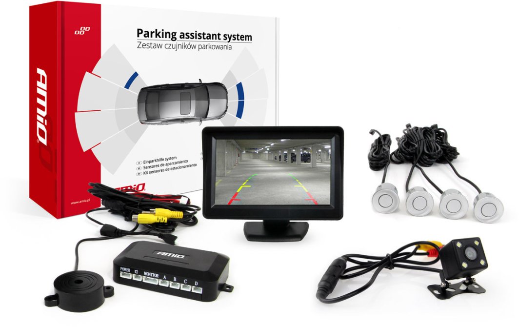 AMiO Zestaw czujników parkowania TFT01 4,3" z kamerą HD-315-LED 4 sensory srebrne 1