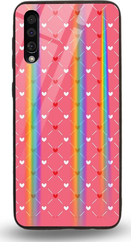 Mojworld Etui na Samsung A50 - Rainbow Case - Small red hearts - pink background 1