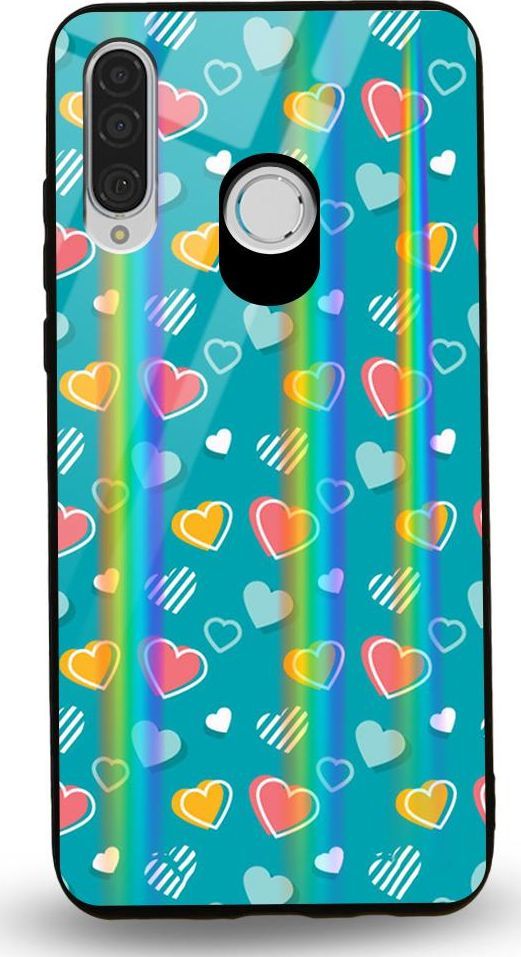 Mojworld Etui na Huawei P30 Lite - Rainbow Case - Lovely hearts - Blue background 1
