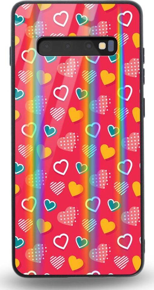 Mojworld Etui na Samsung S10 - Rainbow Case - Lovely hearts - Red background 1