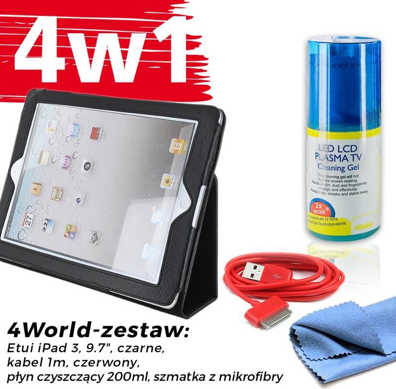 Etui na tablet 4World Zestaw Etui iPad 3 Czarne + Kabel 1m Czerwony + Czyścik - 10190 1