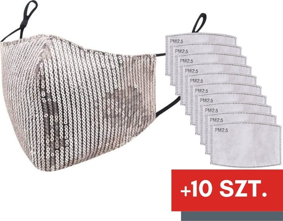 Zbrojownia Maska Ochronna z Cekinami Filtr FFP2 N95 PM2.5 Srebrna + 10 filtrów 1