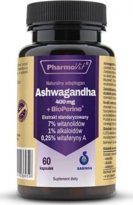 Pharmovit Żeń-szeń indyjski Ashwagandgha 400mg + BioPerine ekstrakt standaryzowany 60 kapsułek PharmoVit 1