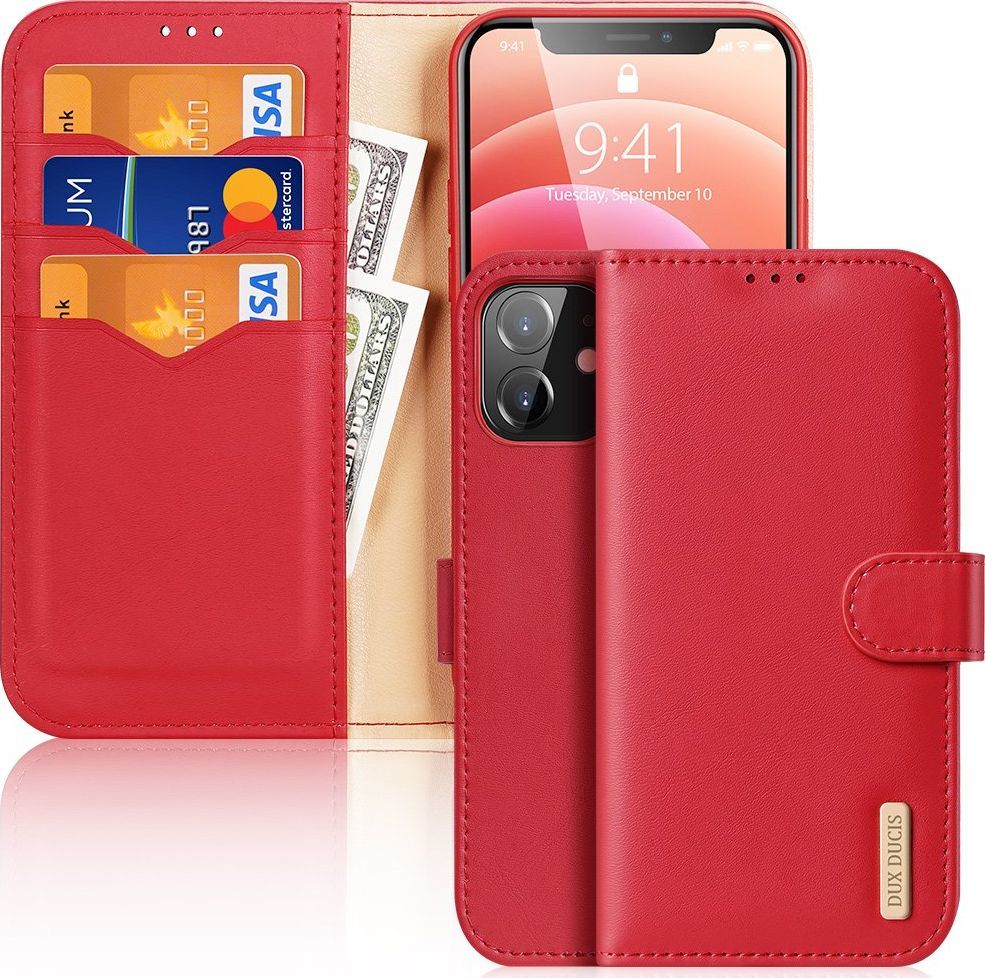Dux Ducis Dux Ducis Hivo skórzane etui z klapką pokrowiec ze skóry naturalnej portfel na karty i dokumenty iPhone 12 mini czerwony 1