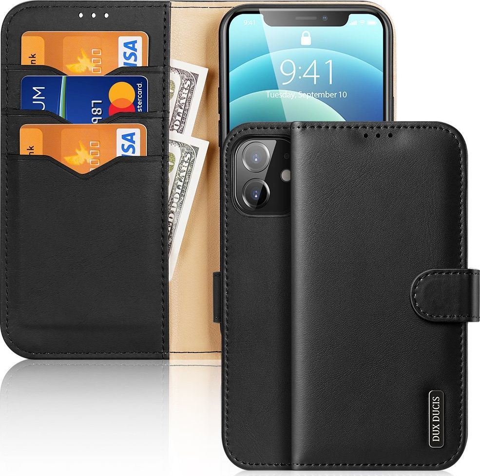 Dux Ducis Dux Ducis Hivo skórzane etui z klapką pokrowiec ze skóry naturalnej portfel na karty i dokumenty iPhone 12 mini czarny 1