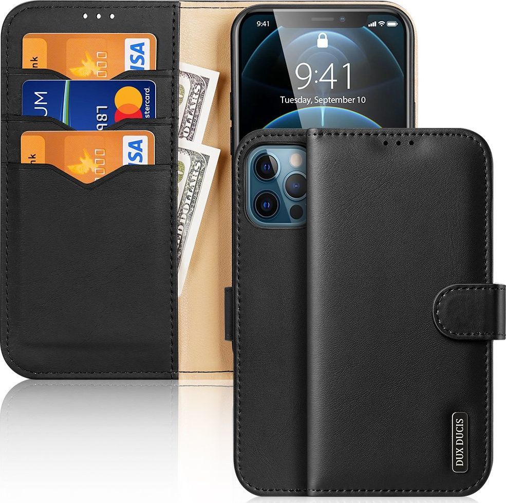 Dux Ducis Dux Ducis Hivo skórzane etui z klapką pokrowiec ze skóry naturalnej portfel na karty i dokumenty iPhone 12 Pro Max czarny 1