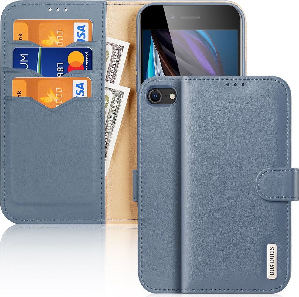 Dux Ducis Dux Ducis Hivo skórzane etui z klapką pokrowiec ze skóry naturalnej portfel na karty i dokumenty iPhone SE 2020 / iPhone 8 / iPhone 7 niebieski 1