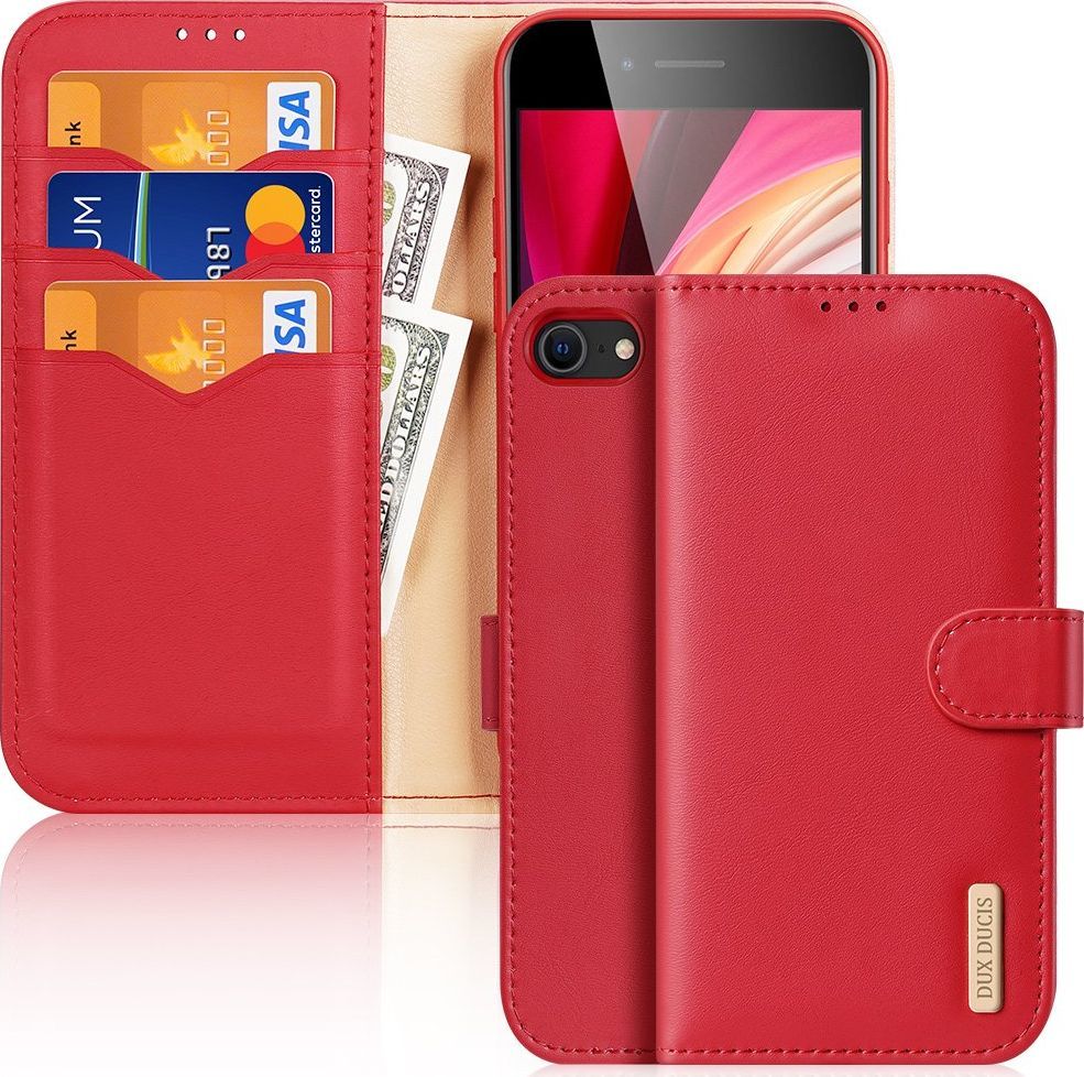 Dux Ducis Dux Ducis Hivo skórzane etui z klapką pokrowiec ze skóry naturalnej portfel na karty i dokumenty iPhone SE 2020 / iPhone 8 / iPhone 7 czerwony 1