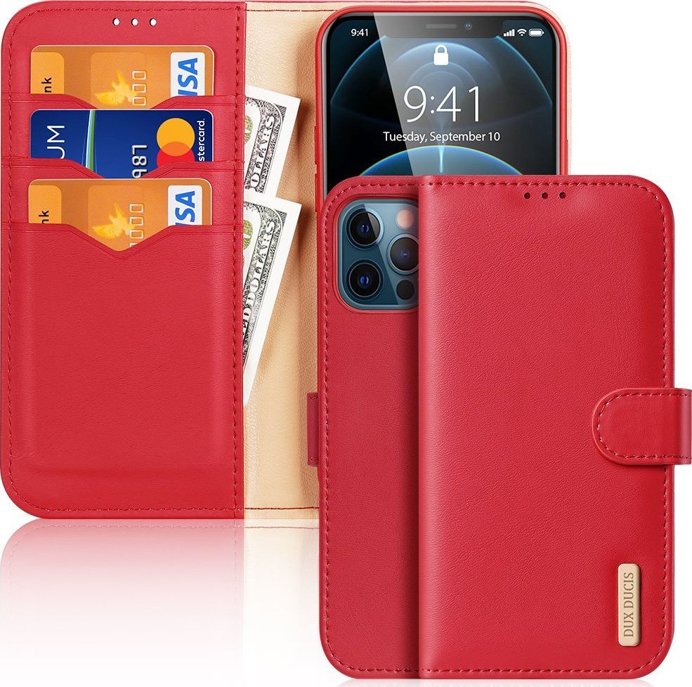 Dux Ducis Dux Ducis Hivo skórzane etui z klapką pokrowiec ze skóry naturalnej portfel na karty i dokumenty iPhone 12 Pro Max czerwony 1