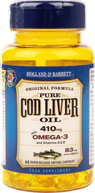 Holland & Barrett Holland & Barrett - Olej z Wątroby Dorsza, 410mg, 60 kapsułek miękkich 1