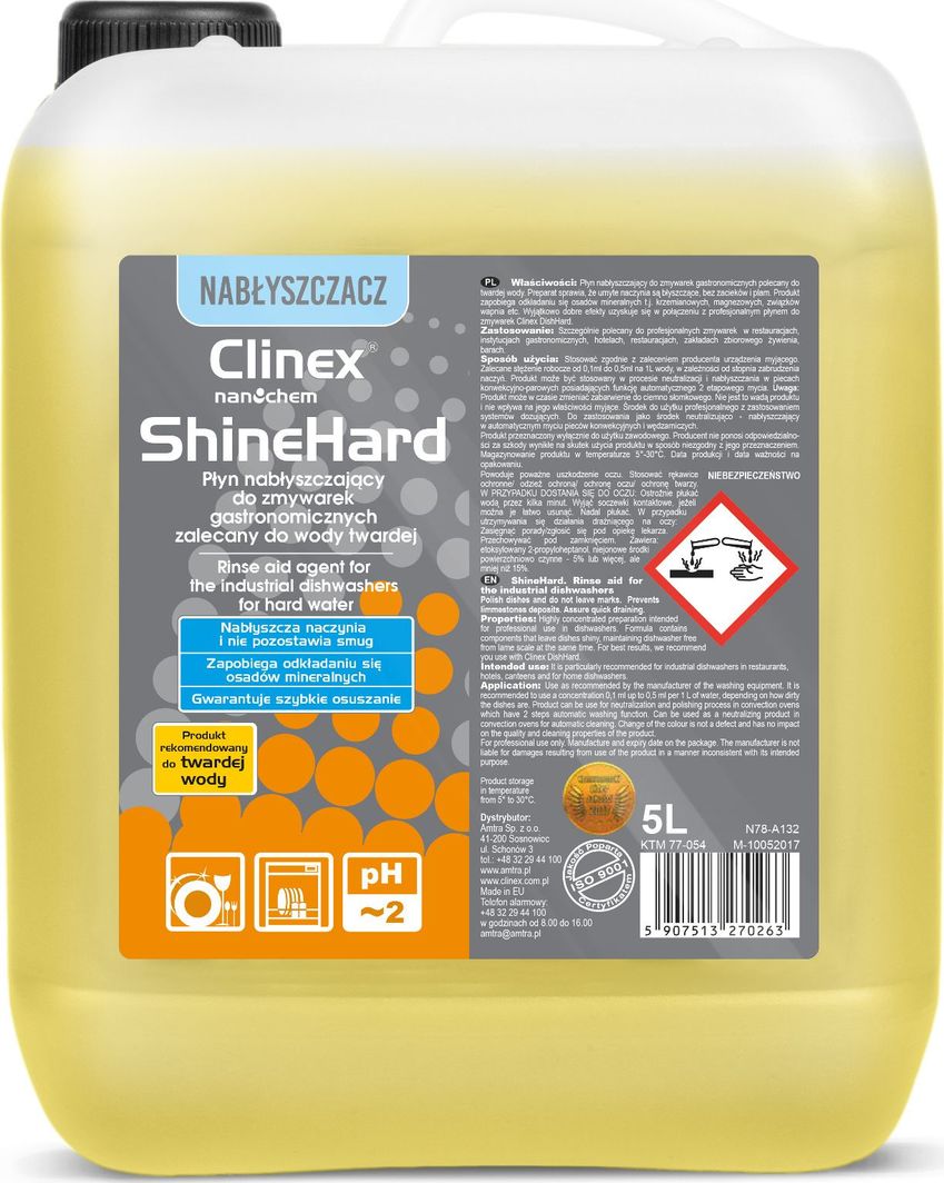 Clinex Nabłyszczacz płyn nabłyszczający do zmywarek gastronomicznych do wody twardej CLINEX ShineHard 5L Nabłyszczacz płyn nabłyszczający do zmywarek gastronomicznych do wody twardej CLINEX ShineHard 5L 1