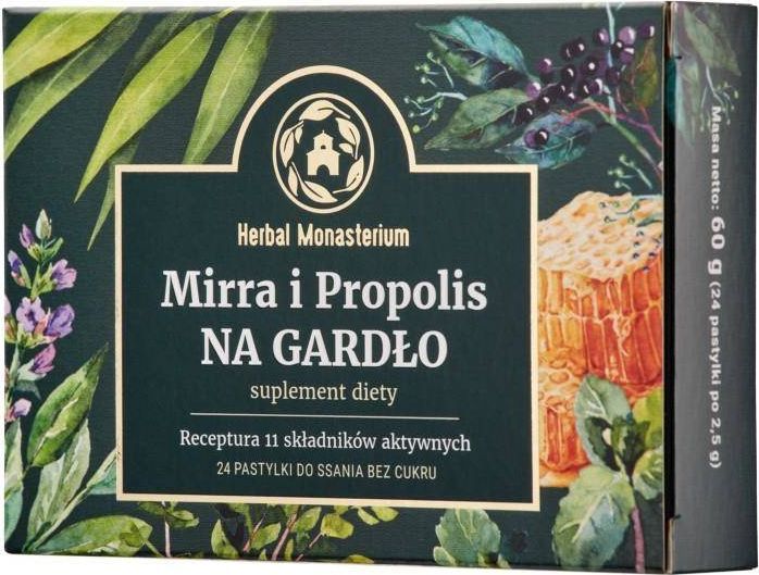 Herbal Pharmaceuticals Mirra i Propolis na gardło bez cukru, 24 pastylki - Długi termin ważności! 1