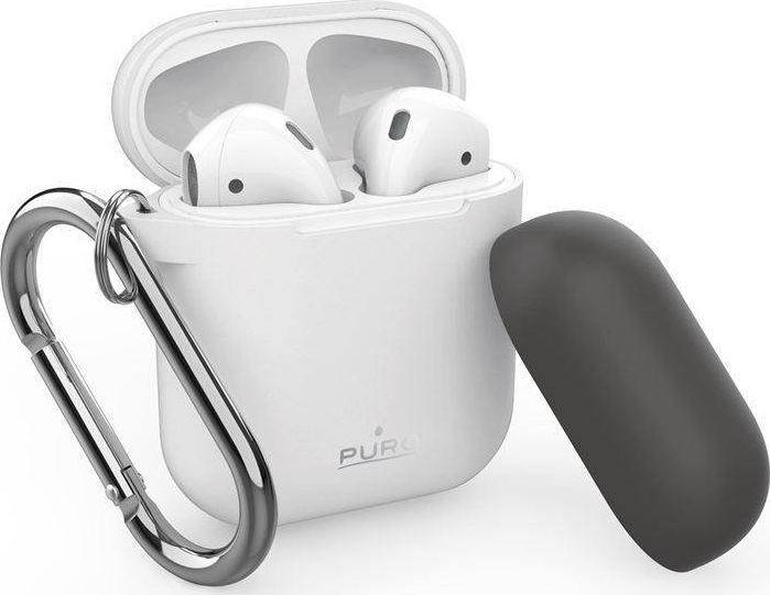 Puro PURO ICON Case with hook - Etui Apple AirPods 1 & 2 generacji z dodatkową osłonką i karabińczykiem (White + Dark Grey Cap) 1