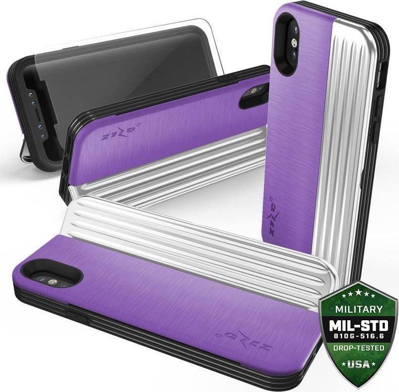 Zizo Zizo Retro Series - Etui iPhone Xs/ X z kieszenią na karty + podstawka + szkło 9H na ekran (Purple/Silver) 1