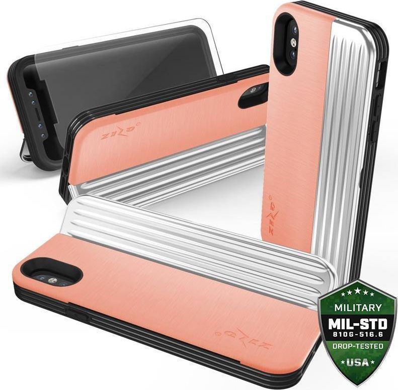 Zizo Zizo Retro Series - Etui iPhone Xs / X z kieszenią na karty + podstawka + szkło 9H na ekran (Peach/Silver) 1