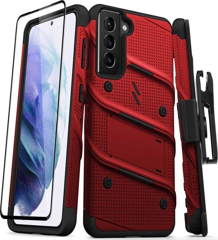Zizo Zizo Bolt Cover - Pancerne etui Samsung Galaxy S21 5G ze szkłem 9H na ekran + podstawka & uchwyt do paska (czerwony/czarny) 1