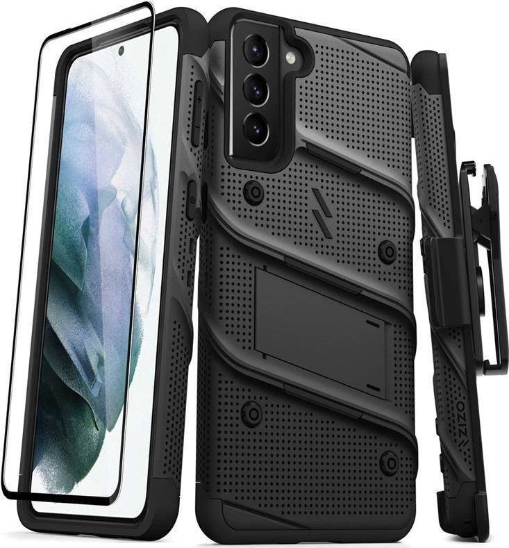 Zizo Zizo Bolt Cover - Pancerne etui Samsung Galaxy S21+ 5G ze szkłem 9H na ekran + podstawka & uchwyt do paska (czarny) 1