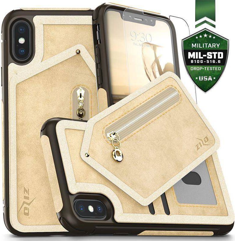 Zizo Zizo Nebula Wallet Case - Skórzane etui iPhone X z kieszeniami na karty + saszetka na zamek + szkło 9H na ekran (Tan/Brown) 1