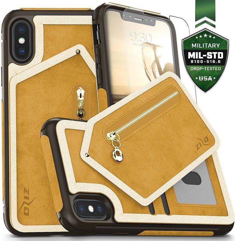 Zizo Zizo Nebula Wallet Case - Skórzane etui iPhone X z kieszeniami na karty + saszetka na zamek + szkło 9H na ekran (Light Brown/Brown) 1