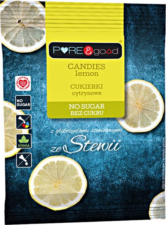 PURE & GOOD Cukierki cytrynowe słodzone stewią, bez cukru 50 g - Pure & Good 1