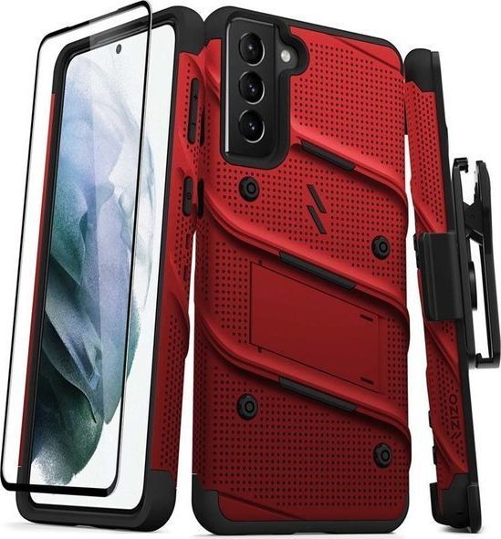 Zizo Zizo Bolt Cover pancerne etui na Samsung Galaxy S21+ PLUS 5G ze szkłem na ekran + podstawka i uchwyt do paska (czerwony/czarny) 1
