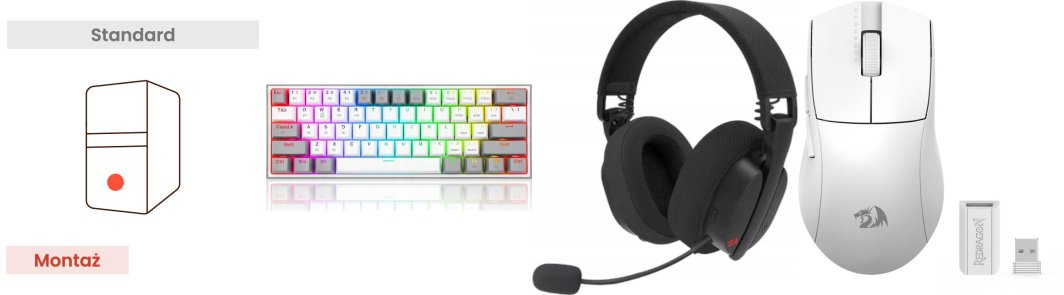 Montaż komputera Standard + Słuchawki Redragon H888 LUCE + Klawiatura Redragon FIZZ PRO K616  + Mysz Redragon K1NG M916W-LIT-1K 1
