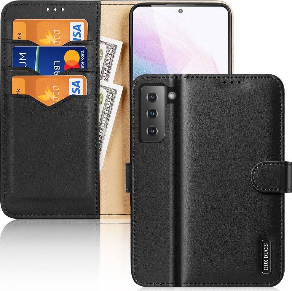 Dux Ducis Dux Ducis Hivo skórzane etui z klapką pokrowiec ze skóry naturalnej portfel na karty i dokumenty Samsung Galaxy S21+ 5G (S21 Plus 5G) czarny 1