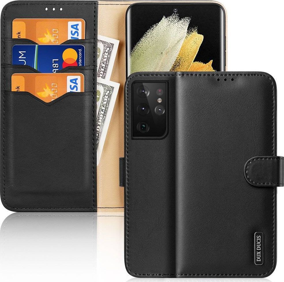 Dux Ducis Dux Ducis Hivo skórzane etui z klapką pokrowiec ze skóry naturalnej portfel na karty i dokumenty Samsung Galaxy S21 Ultra 5G czarny 1