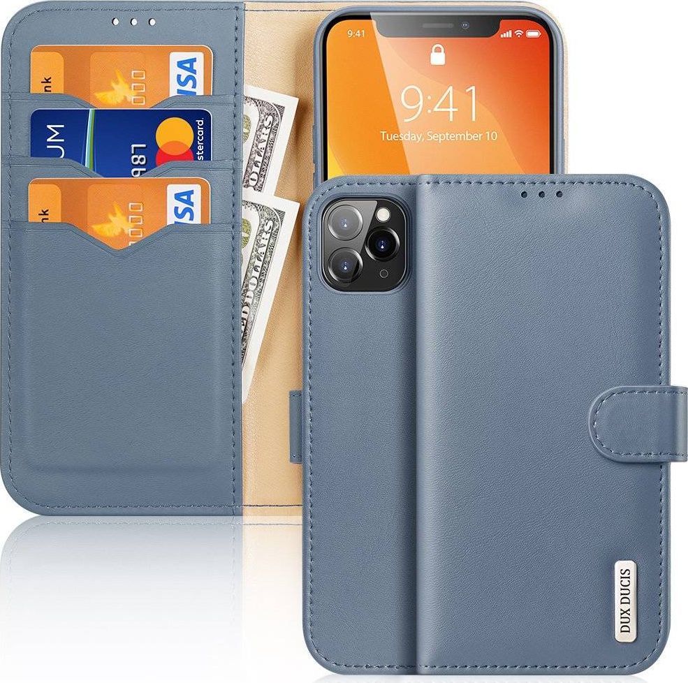 Dux Ducis Dux Ducis Hivo skórzane etui z klapką pokrowiec ze skóry naturalnej portfel na karty i dokumenty iPhone 11 Pro niebieski 1