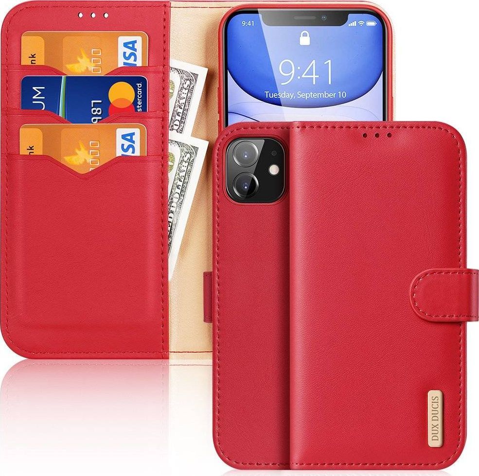 Dux Ducis Dux Ducis Hivo skórzane etui z klapką pokrowiec ze skóry naturalnej portfel na karty i dokumenty iPhone 11 czerwony 1