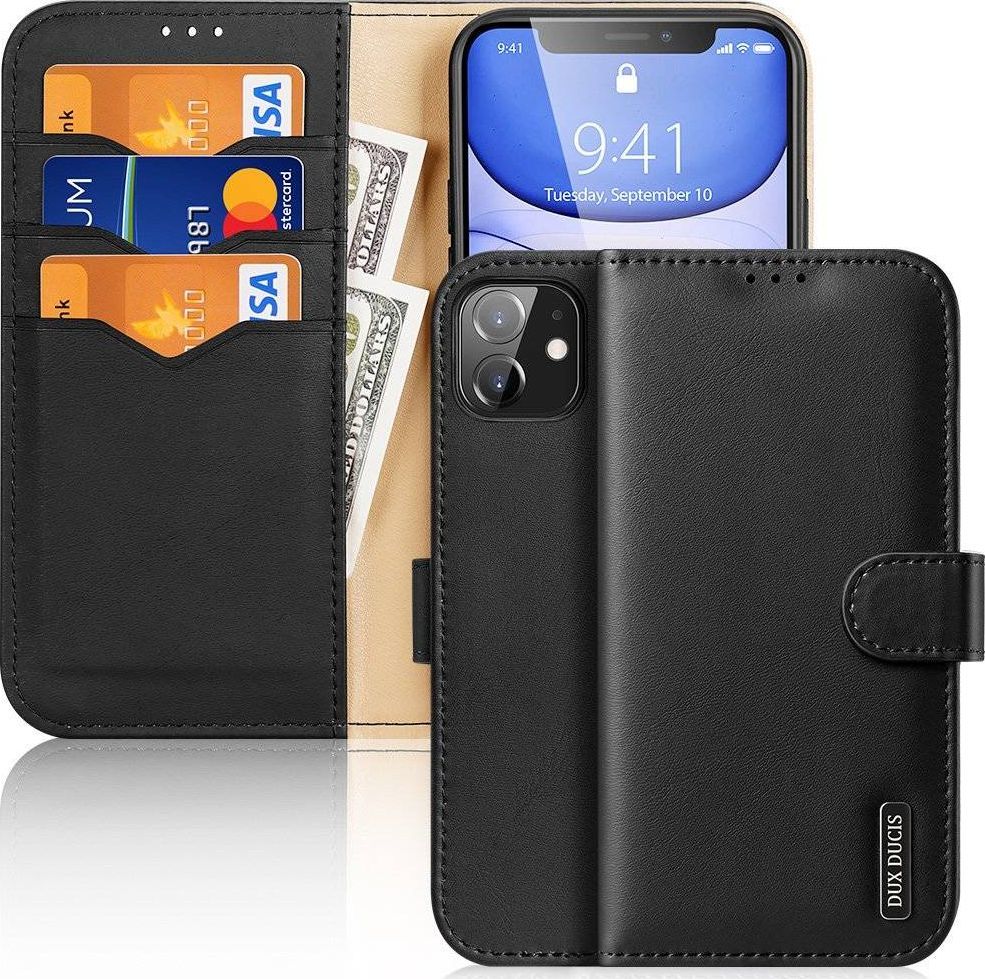 Dux Ducis Dux Ducis Hivo skórzane etui z klapką pokrowiec ze skóry naturalnej portfel na karty i dokumenty iPhone 11 czarny 1